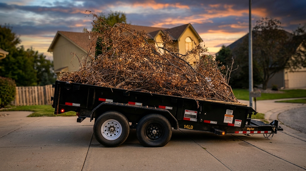 Yard debris and brush piles loaded into a trailer for removal